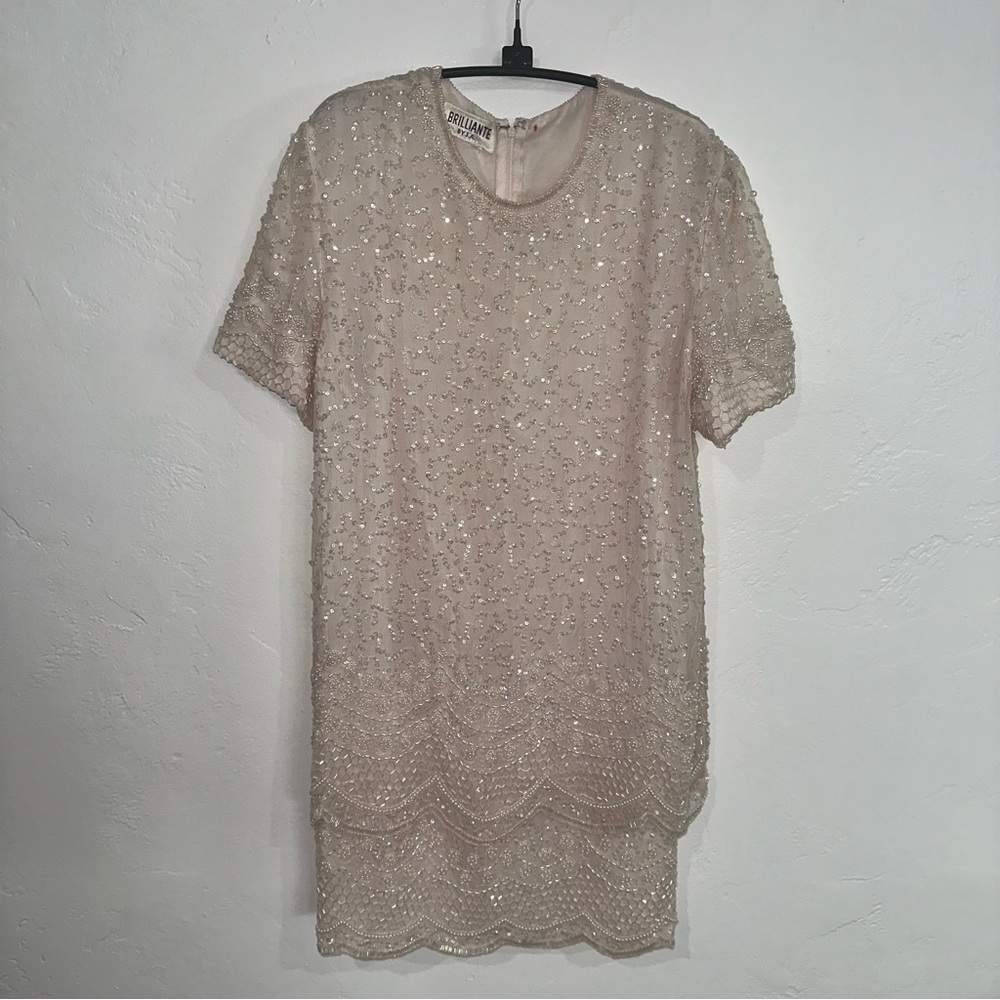 Vintage Flapper Dress Medium Beaded Sequin Champagne Beige